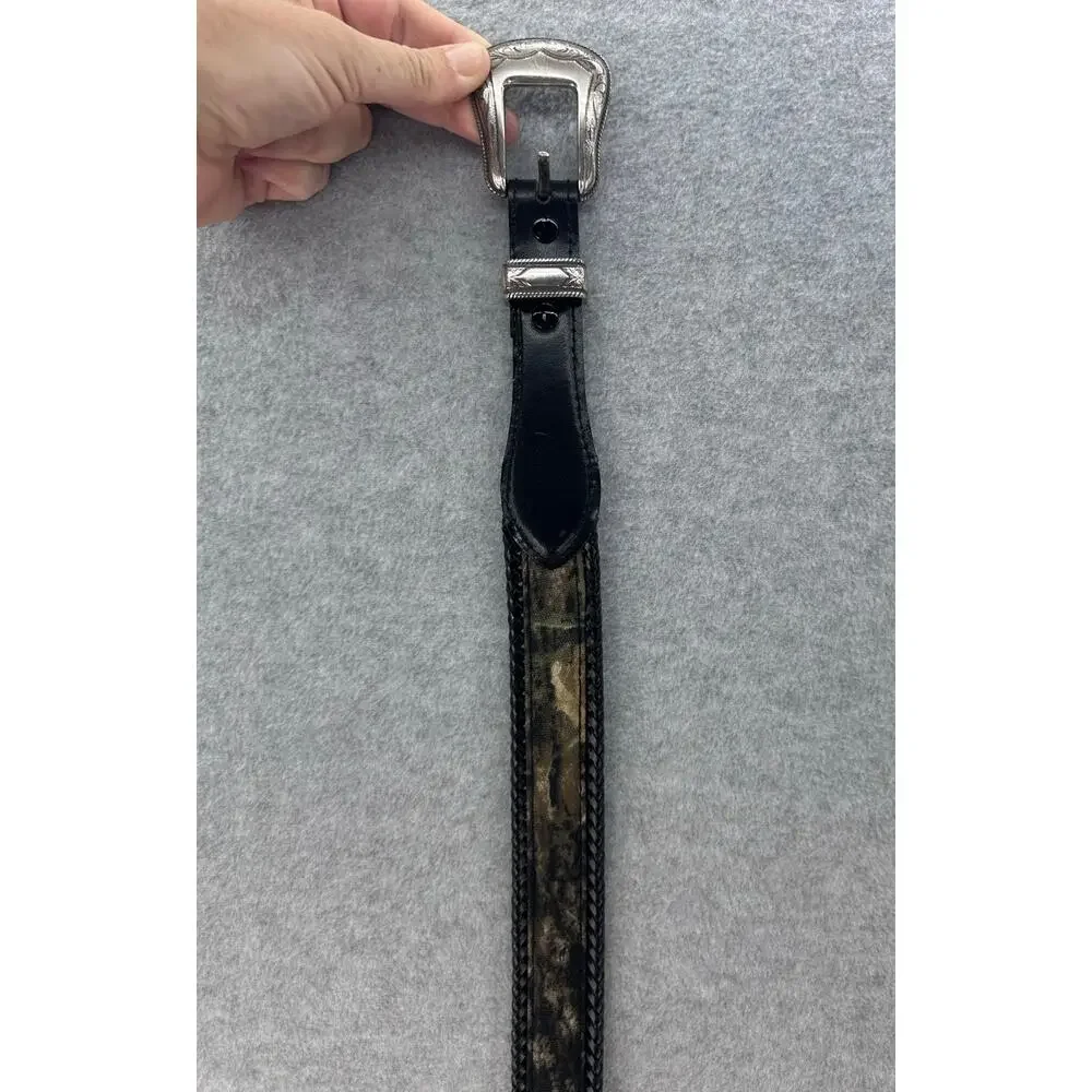 Nocona Men's 44 Western Belt Embossed Silver Tone Buckle Camo Black Leather Belt